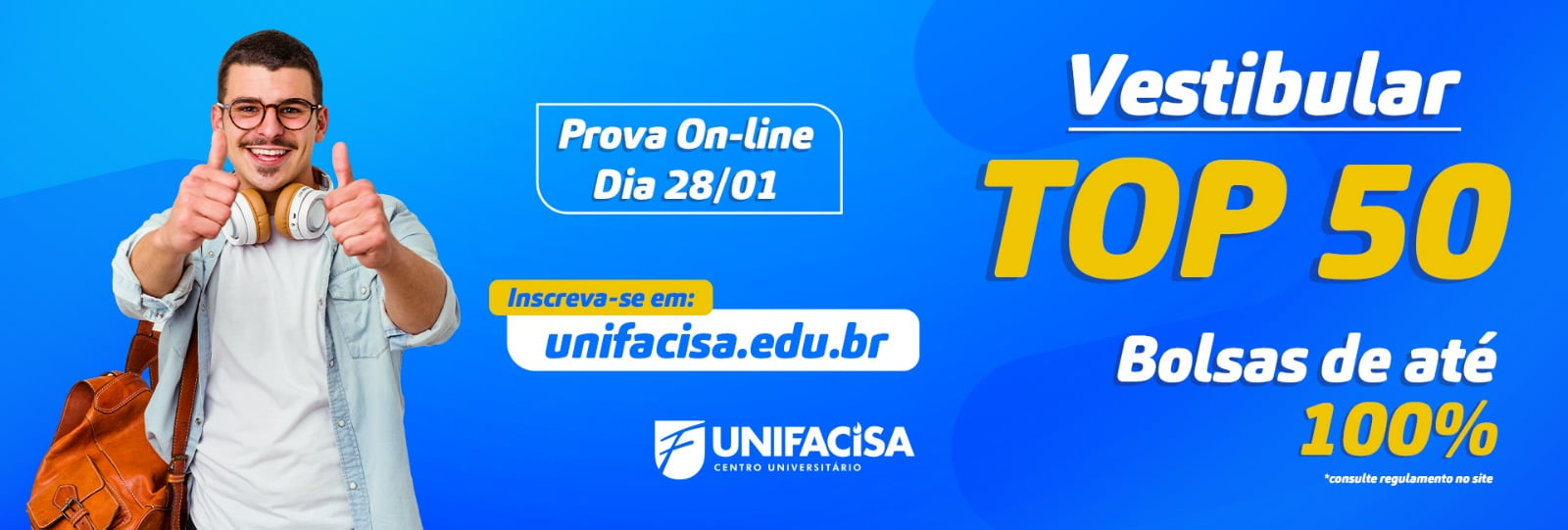 50 bolsas com até 100% de desconto estão sendo ofertadas para ingresso nas graduações da Unifacisa